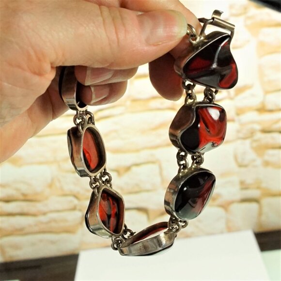Rare To Find Cherry Amber Link BRACELET in 925 Silver, Heavy Jewelry, OOAK Gift - Picture 13 of 16